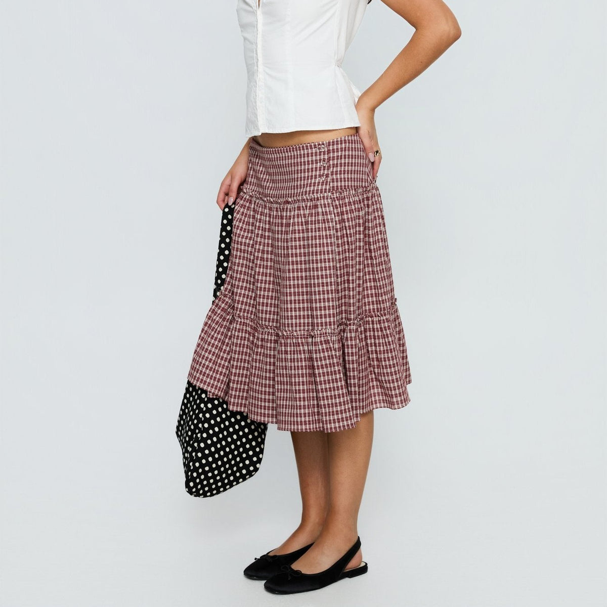 Red Check Low-Rise Frill Tiered Midi Skirt