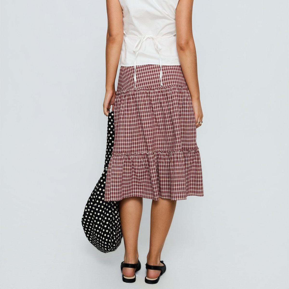 Red Check Low-Rise Frill Tiered Midi Skirt