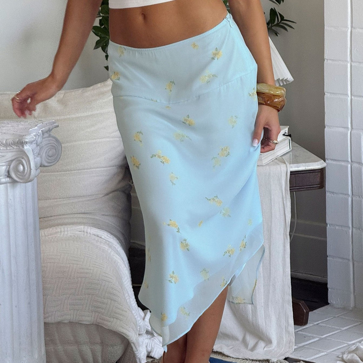 Light Blue Floral Asymmetrical Midi Skirt