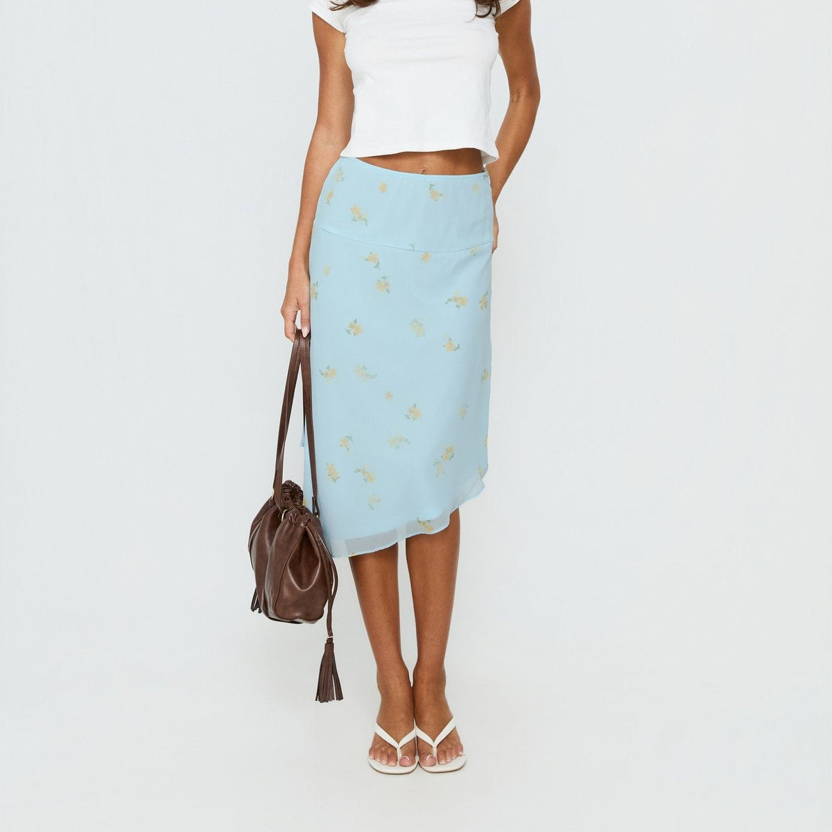 Light Blue Floral Asymmetrical Midi Skirt