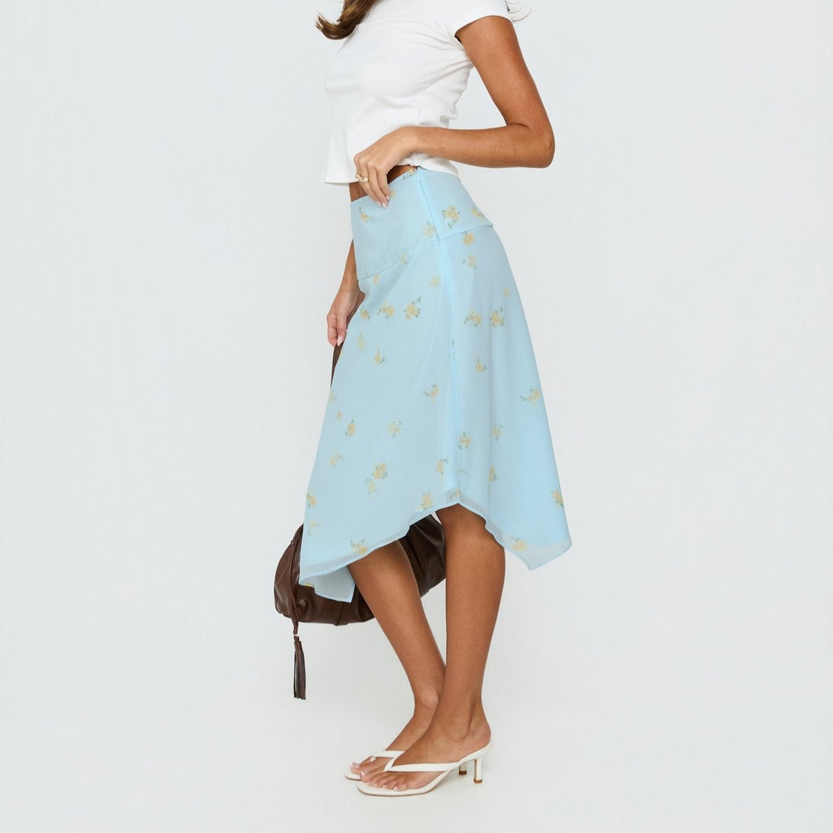 Light Blue Floral Asymmetrical Midi Skirt