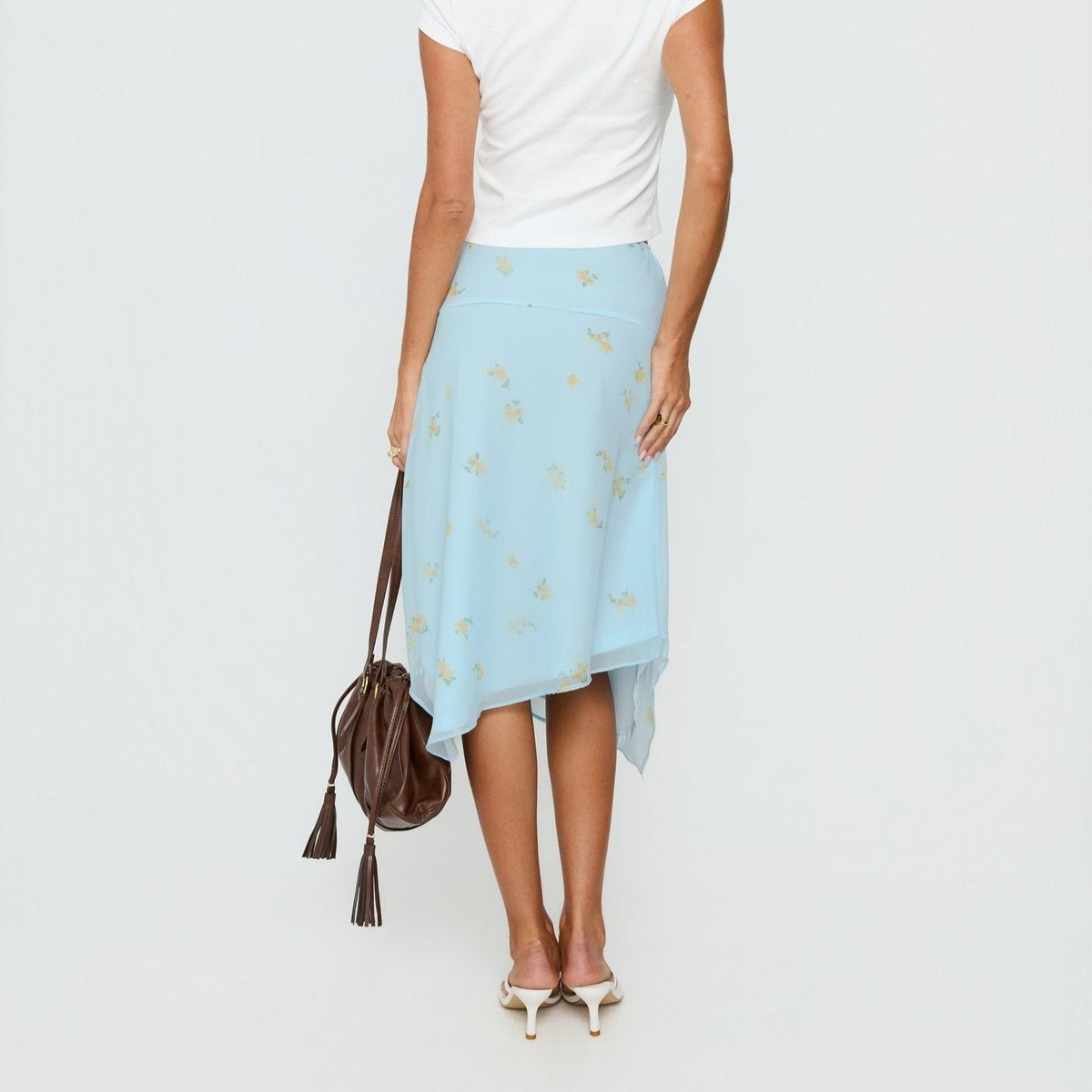 Light Blue Floral Asymmetrical Midi Skirt