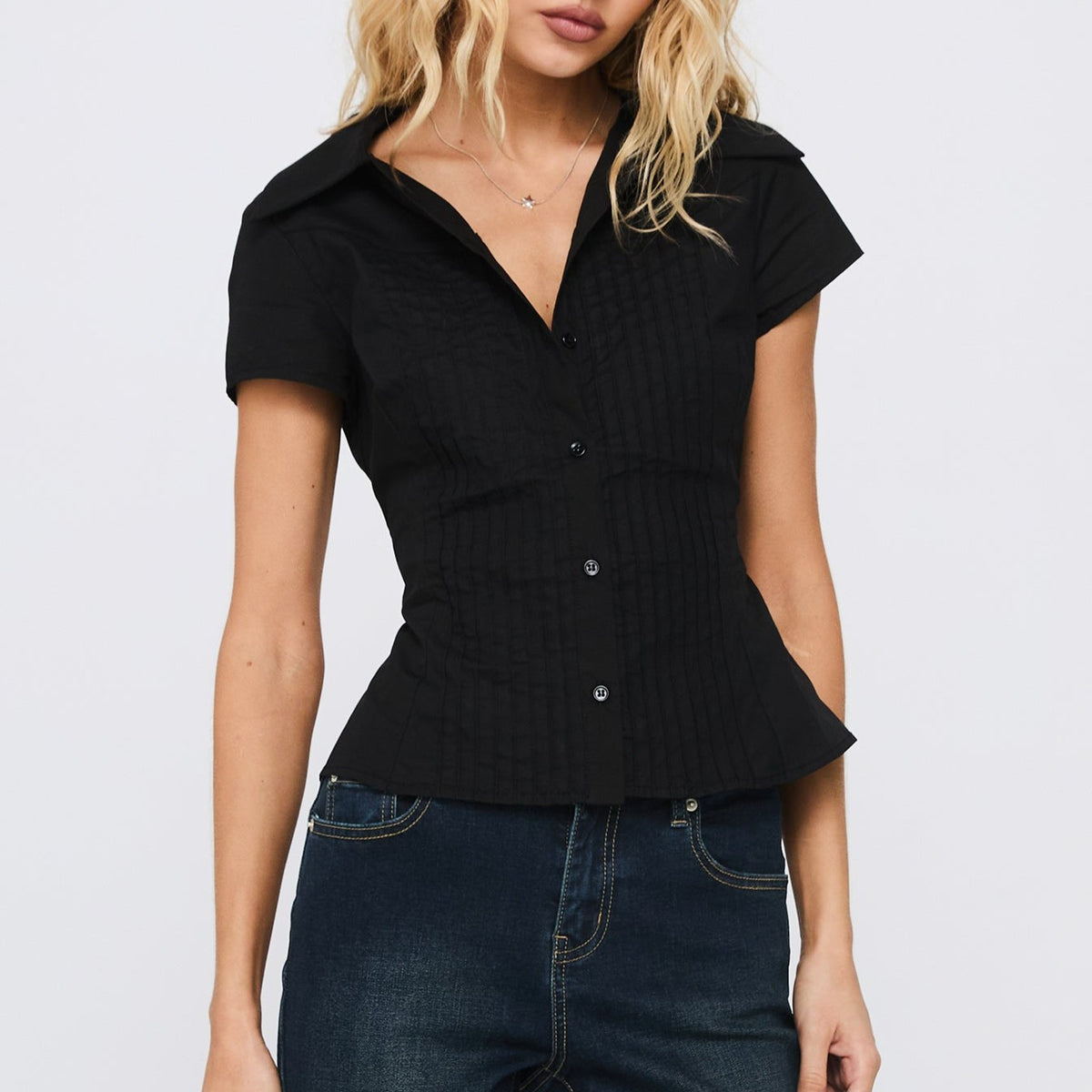 Black Collared Pleated Button Up Top