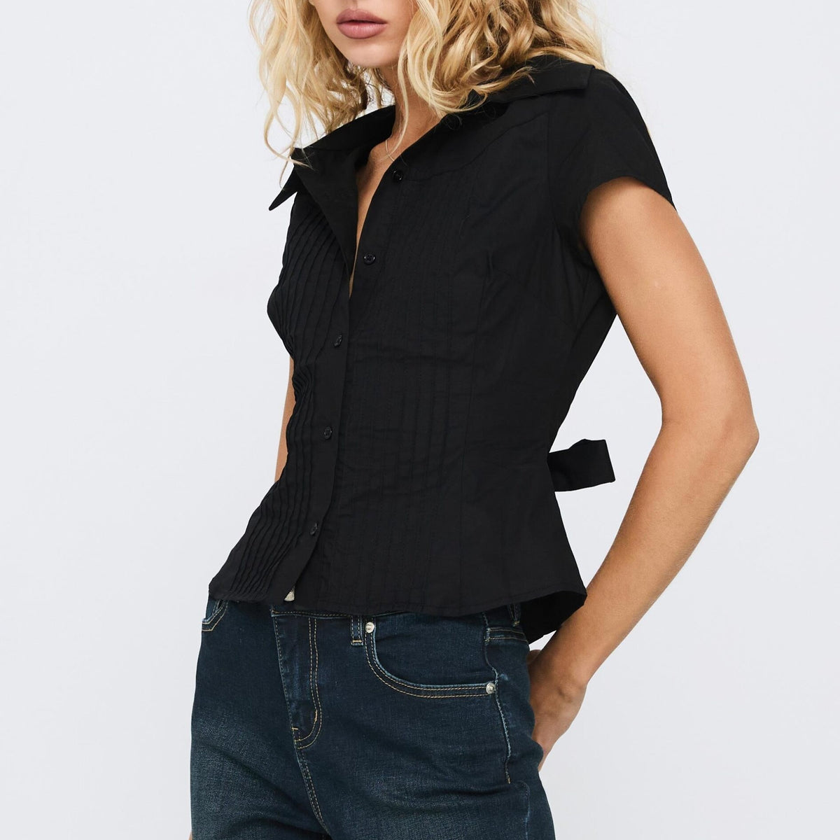 Black Collared Pleated Button Up Top
