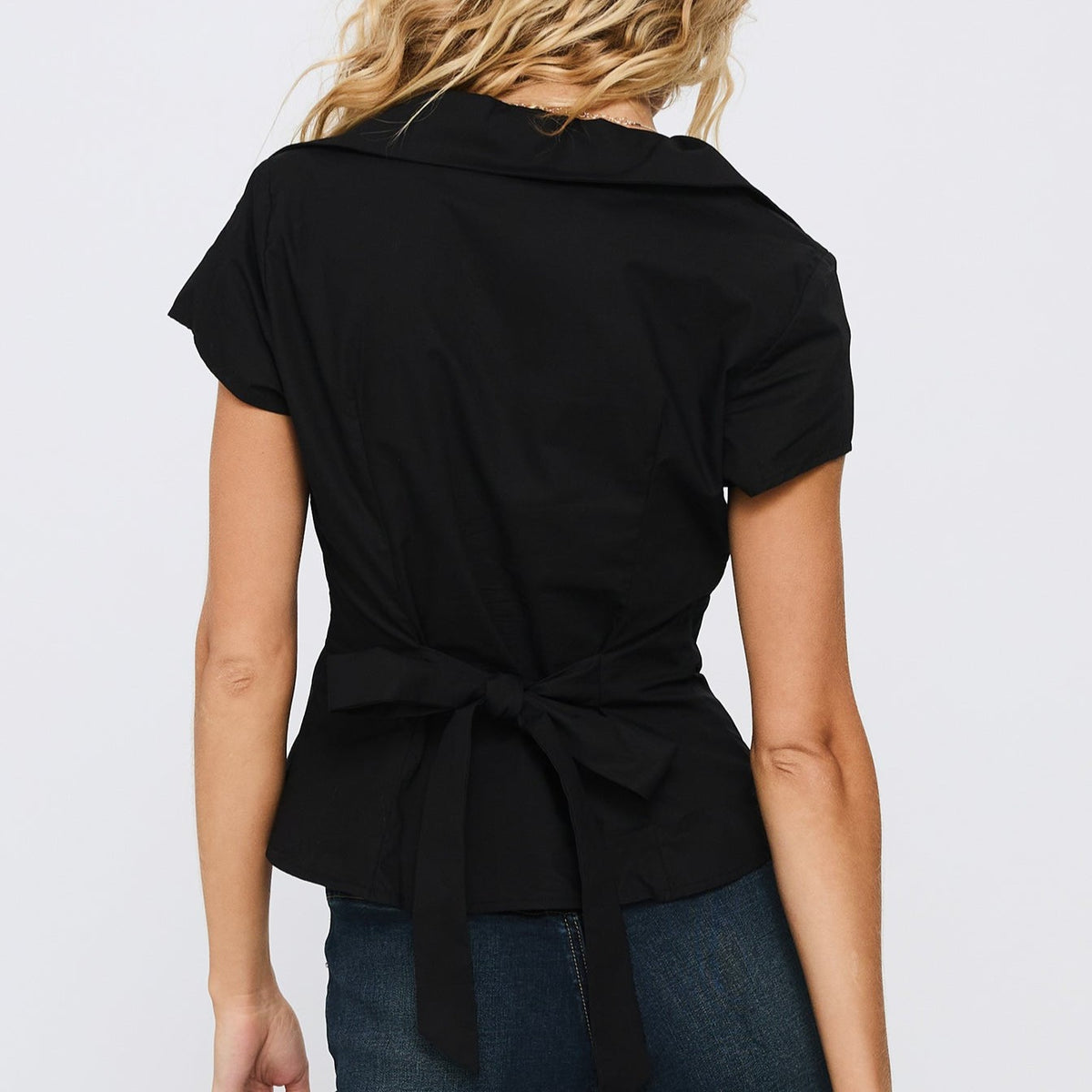 Black Collared Pleated Button Up Top