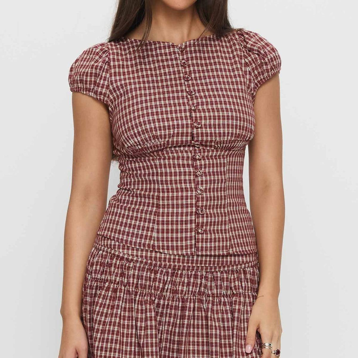 Red Check Puff Sleeve Button Up Top