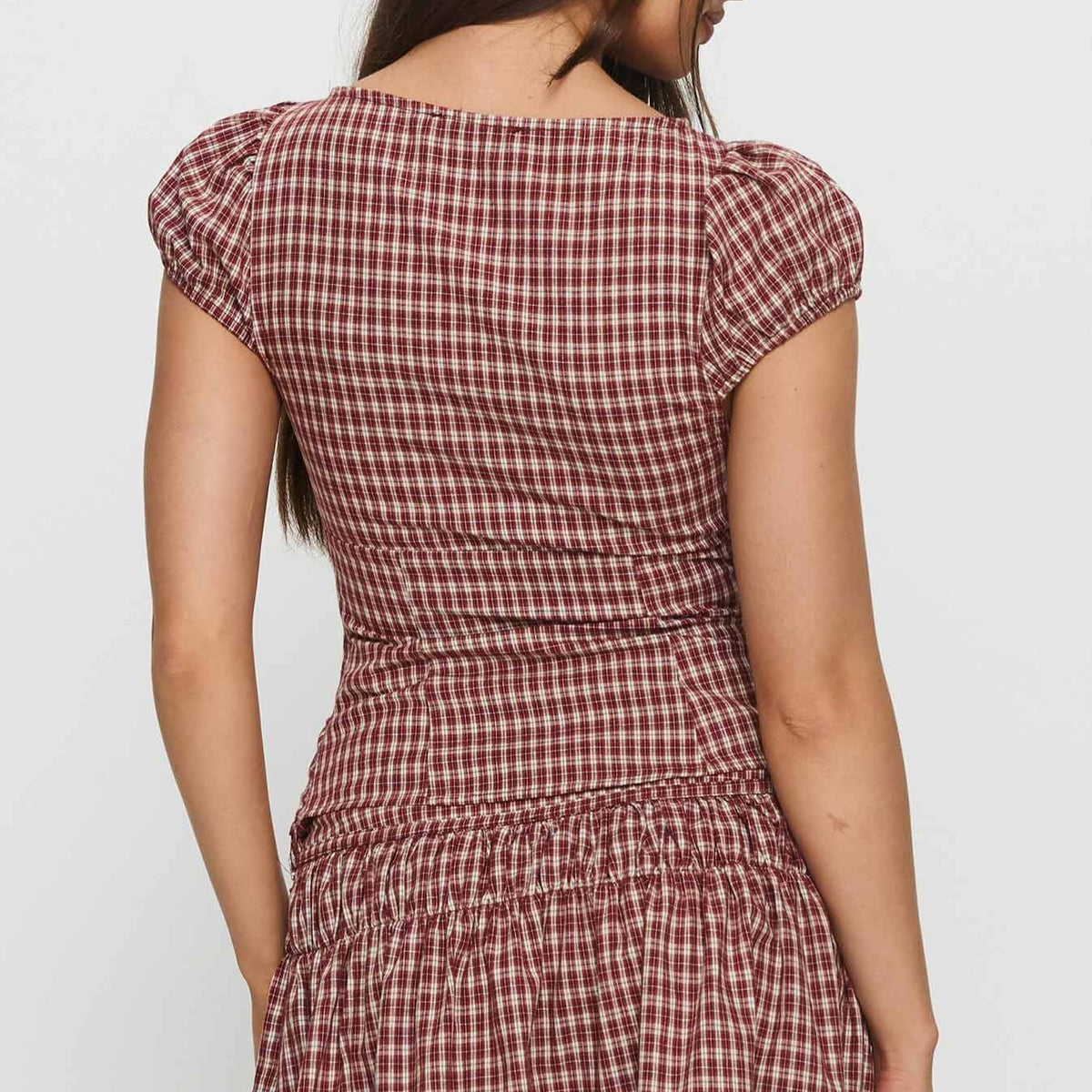 Red Check Puff Sleeve Button Up Top