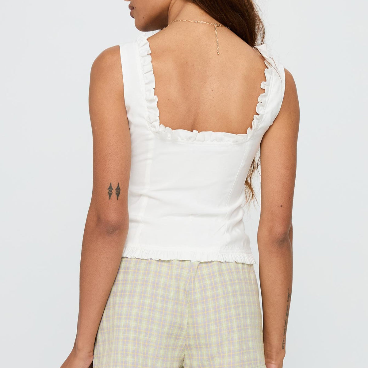 White Frill Ruched Sleeveless Button Up Top