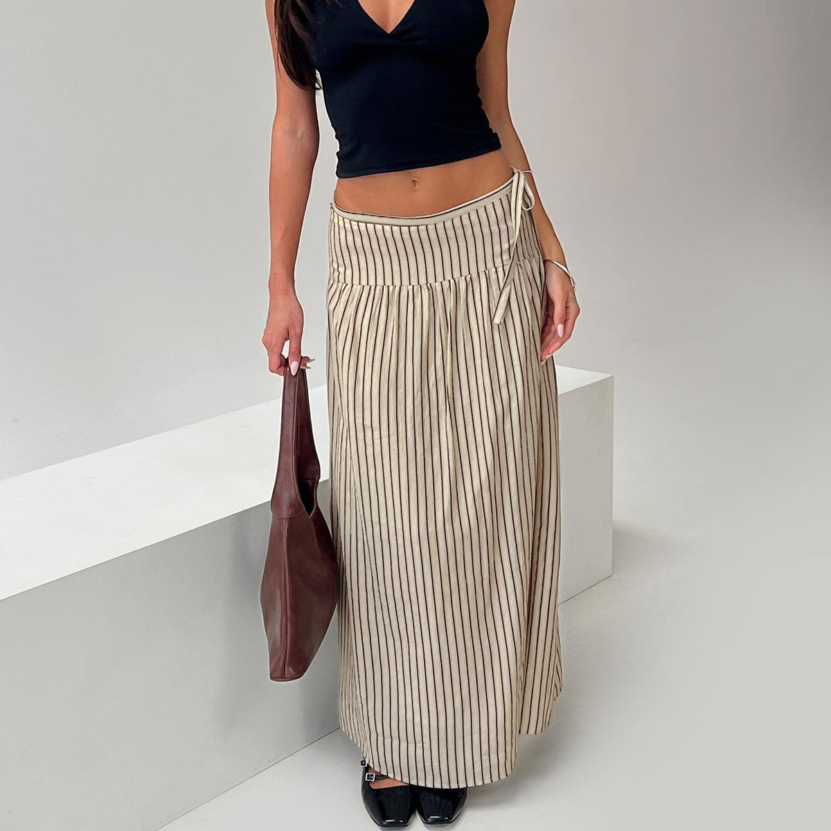 Striped Tie-Side Maxi Skirt