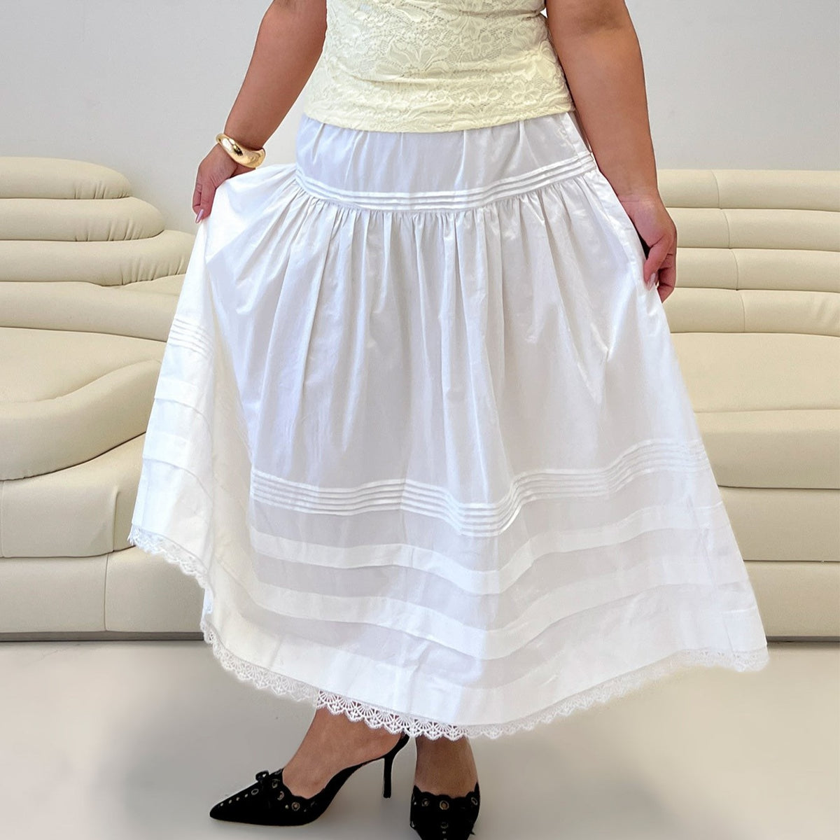 White Cotton Tiered Maxi Skirt with Lace Trim