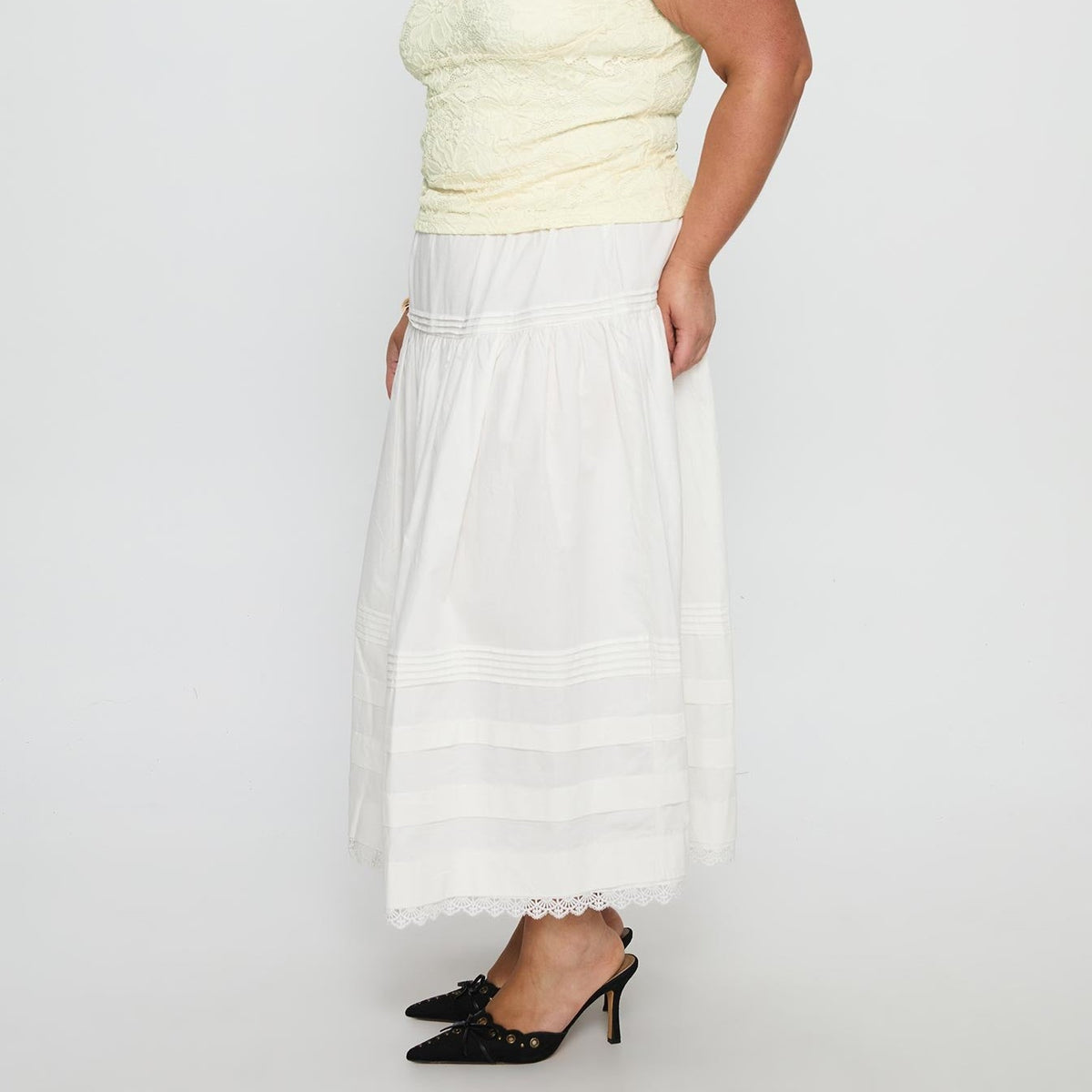 White Cotton Tiered Maxi Skirt with Lace Trim