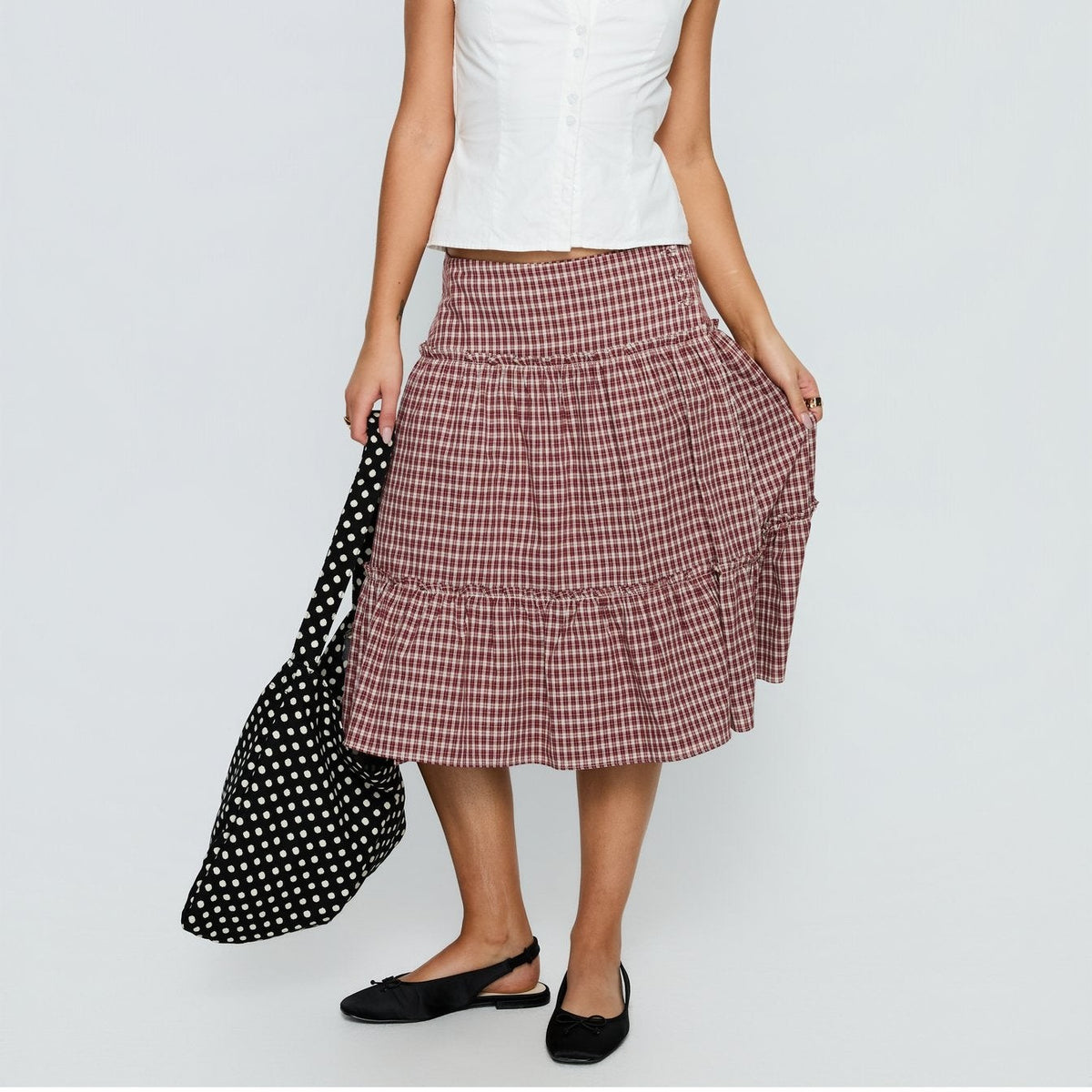 Red Check Low-Rise Frill Tiered Midi Skirt